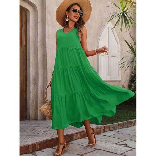 Kadın Askılı V Yakalı Uzun Dokuma Viskon Elbise