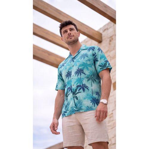 Erkek Palmiye Desenli Yarım Oversize Kısa Kollu Hawai Gömlek