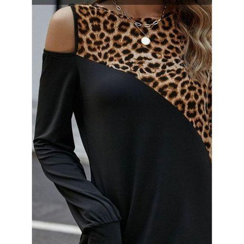 Kadın Uzun Kollu Omuzdan Açık Leopar Desenli Viskon Iki Iplik Mini Elbise