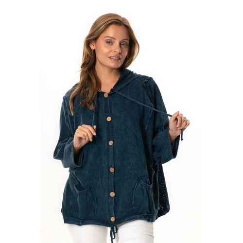 Uzun Kol Ceren Fileli Düğme Detaylı Çift Cepli Kışlık Kapüşonlu Triko Bluz Lacivert Lcvt