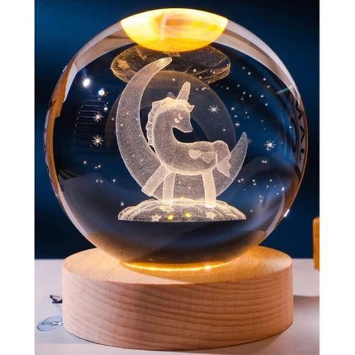 Dekoratif Ay İçinde Unicorn Tasarımlı Ahşap Altlıklı Işıklı Cam Küre Cam:8cm Ahşap:2cm Büyük Boy