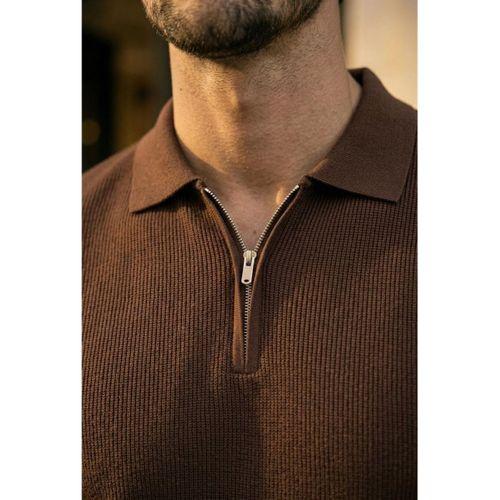 Jeff Selanik Örgü Polo Yaka Yarım Fermuarlı İnce Triko Erkek T-Shirt - Kahve