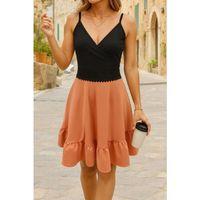 Kadın Ip Askılı Kruvaze Yaka Bel Dantel Ithal Krep Elbise