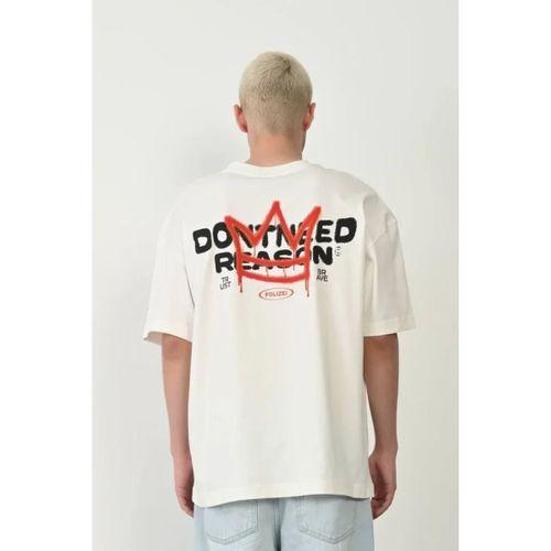 Unisex Bisiklet Yaka Baskılı Oversize T-Shirt - Beyaz