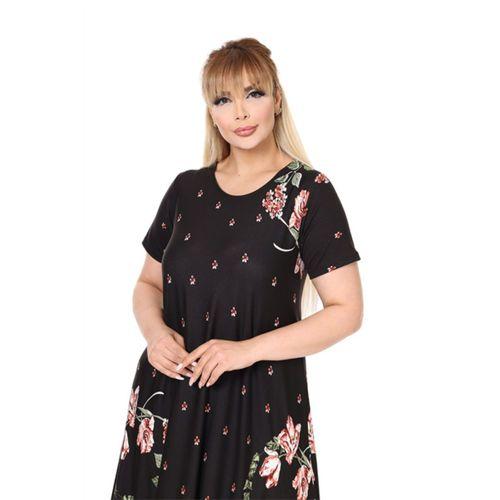 Melsay Butik Siyah Sulu Pembe Çiçek Desen Asimetrik Kısa Kollu Elbise