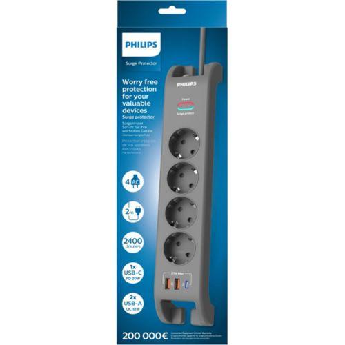 PHILIPS SPN4140GA/62, 4 Soket, Akım Korumalı Priz, 2400 Joules, 2Mt Kablo, 1xUsb-C PD 20W Hızlı Şarj, 2xUsb-A QC 18W, (Gri)