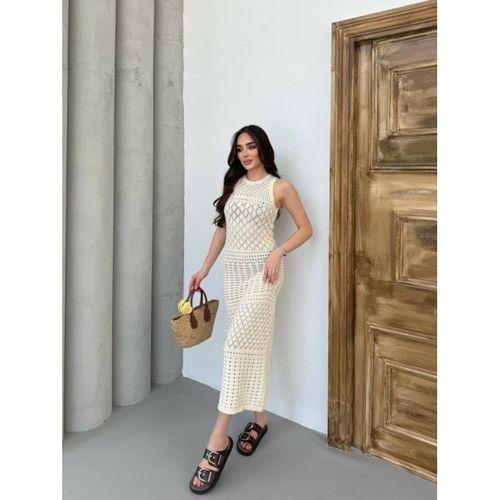 Kadın Kolsuz Kuş Gözü Teday Full Transparan Maxi Boy Elbise