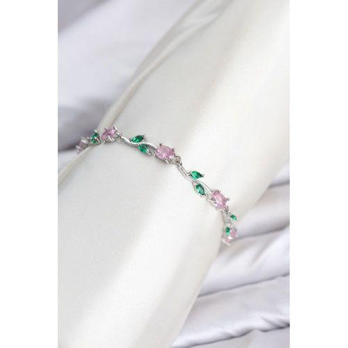 Pirinç Gümüş Renk Pembe Zirkon Taşlı Çiçek Model Kadın Bileklik