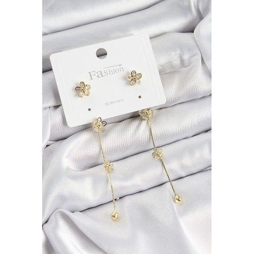 Pirinç Zirkon Taşlı Sallantılı Çiçek Model Gold Renk 925 Ayar Gümüş Çivi Kadın Küpe
