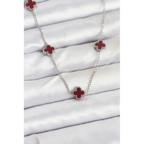 316L Çelik Zincir Gümüş Renk Bordo Baby Boy Yonca Kadın Kolye