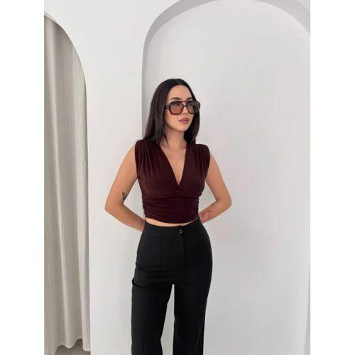 Vatkalı Kolsuz V Yaka Drapeli Crop Bluz Likralı Fit - Kahverengi