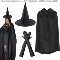 120 cm Siyah Yakalı Cadı Pelerini Cadı Şapkası ve 1 Çift Siyah Kumaş Eldiven Seti 3 Parça