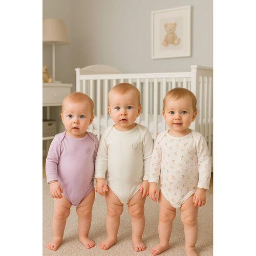 3'lü Naturel Çiçekli Bebek Badi Zıbın - Beyaz Lila %100 Pamuk