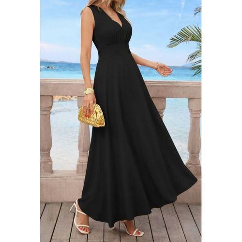 Kadın Askılı V Yakalı Bel Korsaj Detaylı Uzun Ithal Krep Elbise