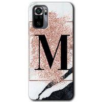 MRCİLETİSİM Xiaomi Redmi Note 10s Kılıf Kapak - Pembe Mermer Desenli M Harfi +Hayalet Ekran Yandan Gözükmez
