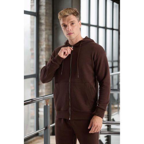 Haneke Regular Kalıp Diagonal 3 İplik Fermuarlı Kapüşonlu Erkek Sweatshirt - Kahve