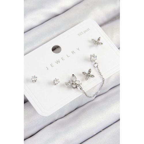 Pirinç Zirkon Taşlı Kelebek Model Gümüş Renk 925 Ayar Gümüş Çivi Kadın Küpe Set