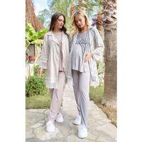 Bone Club 5601 Gri Dokuma Çizgili 3 Lü Hamile Lohusa Pijama Sabahlık Tk