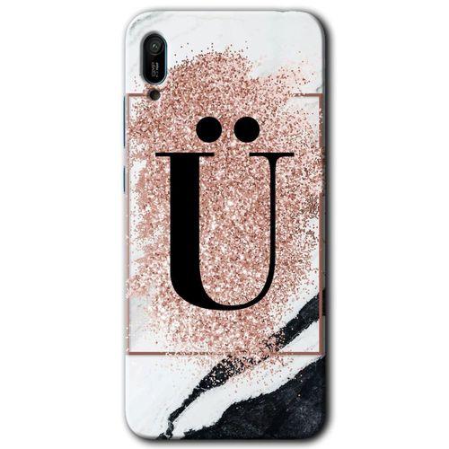 MRCİLETİSİM Huawei Y6 2019 Kılıf Kapak - Pembe Mermer Desenli Ü Harfi +Hayalet Ekran Yandan Gözükmez