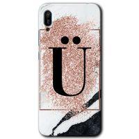 MRCİLETİSİM Huawei Y6 2019 Kılıf Kapak - Pembe Mermer Desenli Ü Harfi +Hayalet Ekran Yandan Gözükmez