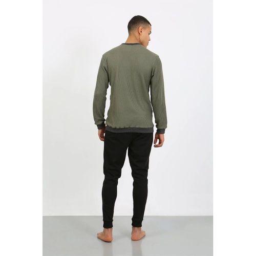 Erkek Uzun Kol Manşetli Paça Penye Pijama Takımı Haki
