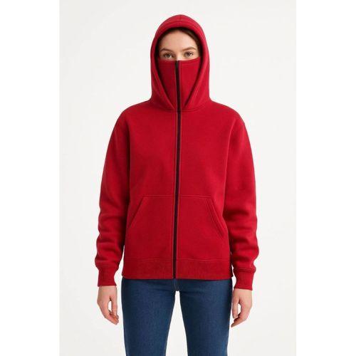 Samuray Ninja Çift Kapşonlu ZIP Fermuarlı Kanguru Çepli Hoodie Maske Detaylı Swetshirt - Kırmızı