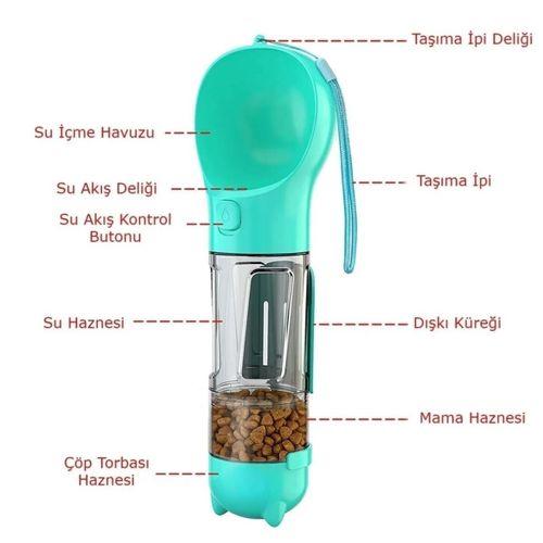 Taşınabilir Hazneli Mama Kaplı ,Kaka Poşetli Kedi,Köpek Suluğu-300ml