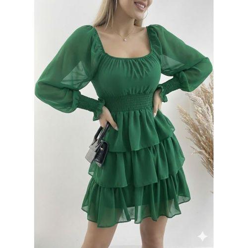 Kadın Uzun Kollu Kare Yaka Beli Lastikli Volanlı şifon Elbise