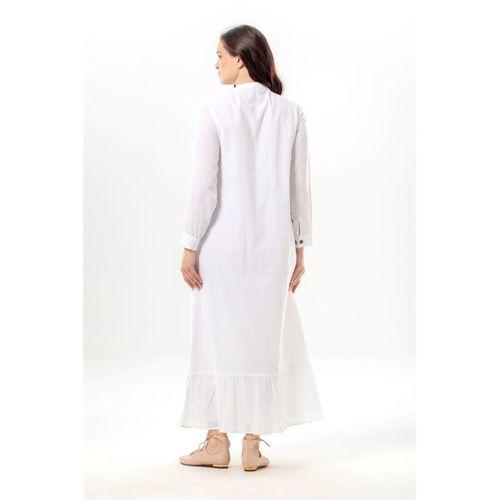 Uzun Kol Neşe Nakış Detaylı Boydan Düğmeli Yazlık Şile Bezi Uzun Elbise Beyaz Byz