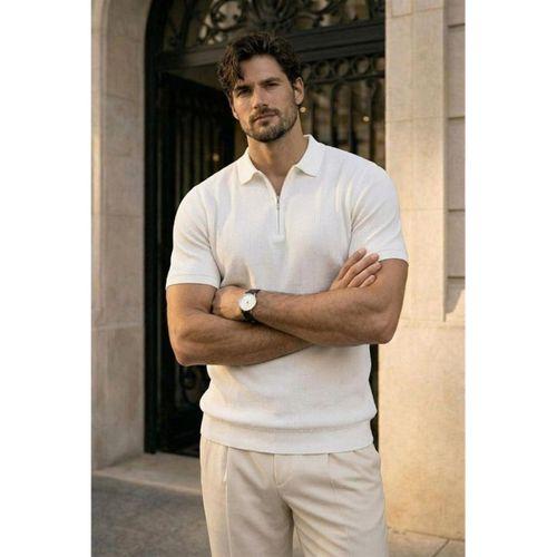 Jeff Selanik Örgü Polo Yaka Yarım Fermuarlı İnce Triko Erkek T-Shirt - Ekru