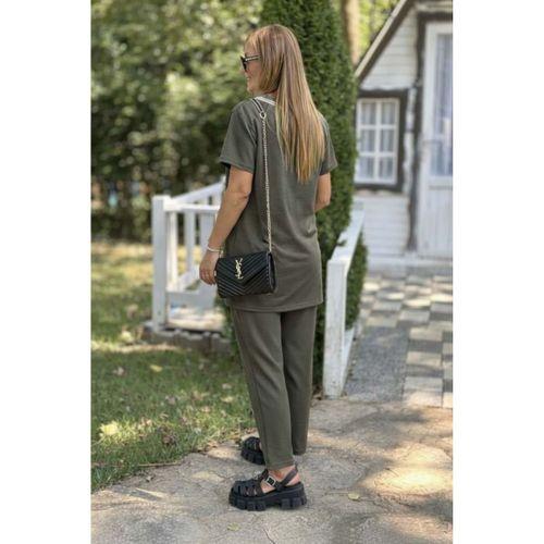 Kadın Kısa Kollu V Yakalı Iki Iplik Bluz Ve Pantolon Ikili Takım