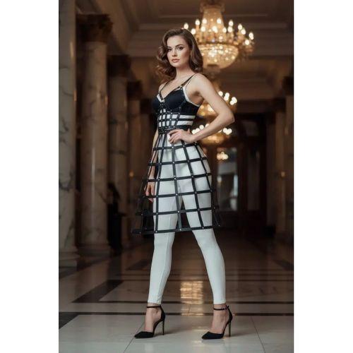 Siyah Kadın Etek Suni Deri Etek Kafes Yapılı Midi Boy Deri Etek - Brf1013