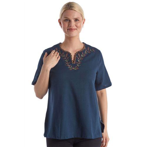 Şile Bezi Kısa Kol Petrol Nakışlı V Yaka Yazlık Otantik Bluz