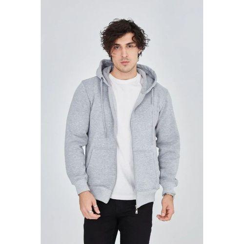 Erkek Kapüşonlu Düz Fermuarlı Hırka - Gri