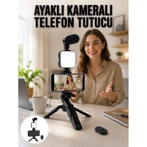 Telefon Tutucu Led Işıklı Kumandalı Mikrofon Telefon Vlog Video Kayıt Yeni Nesil