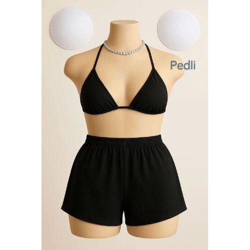 Siyah Şortlu Bağlamalı Bikini Takımı Üçgen Kesim Ayarlanabilir Esnek Kumaş Kadın Mayo Seti
