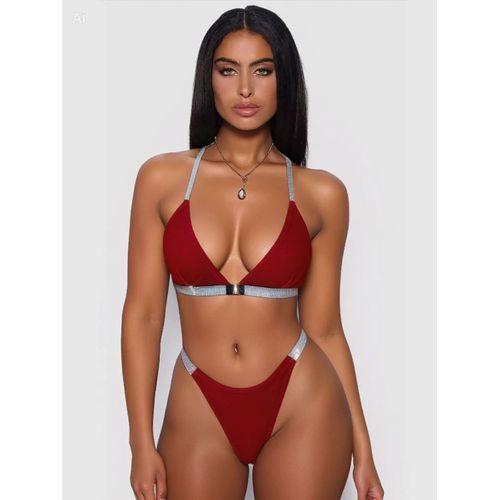 Kadın Bordo Love Yazılı Mayo Bikini Arkası Çapraz Detaylı Şık Plaj Giyim Özel Tasarım