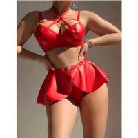 Özel Tasarım Kırmızı Etekli Fantezi Deri Şık Elbise