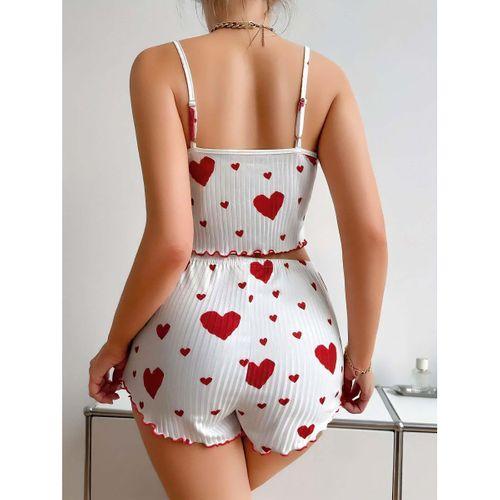 Pamuklu Beyaz Üstüne Kırmızı Kalp Desenli Askılı Şortlu Pijama Takımı