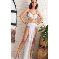 Tanrıça Temalı Beyaz Altın Seksi Fantazi İç Giyim Kostüm,Zincir Detaylı, Transparan Şifon Etekli Set