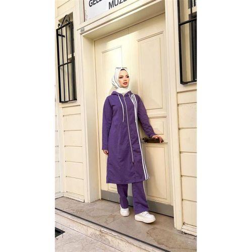 Fermuarlı Kapşonlu Uzun Tunik Pantolon İkili Tesettür Eşofman Takımı - 03077 - Koyu Lila