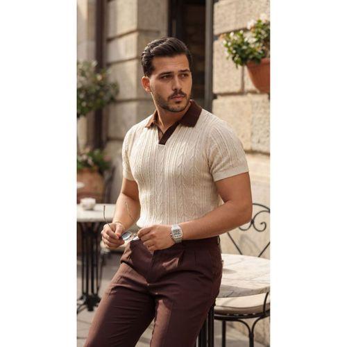 Erkek Desenli Kısa Kollu Triko Tişört - %100 Pamuk Akrilik