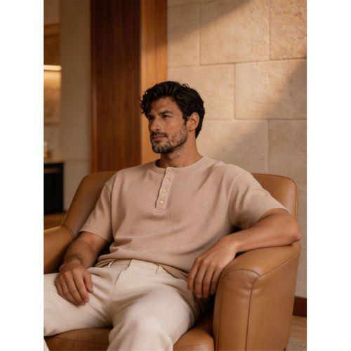 Roth Relaxed Fit Günlük Henley Yaka Waffle Kumaş Yazlık Kısa Kollu T-Shirt - Bej