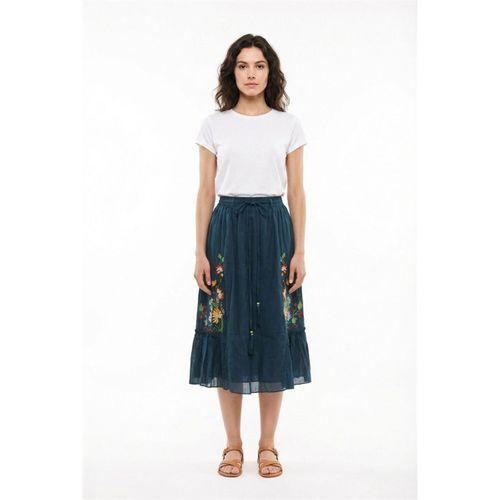 Canan Vual Bağlama ve Lastik Detay Midi Boy Yazlık Otantik Etek Petrol Ptrl