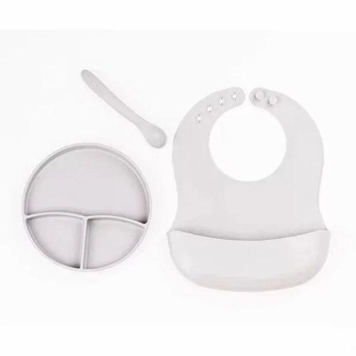 Gri 3’lü Silikon Yemek Seti – Önlük + Diş Kaşıyıcılı Kaşık + Vakumlu Tabak