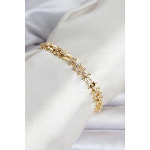 Pirinç Gold Renk Kare Zincir Model Zirkon Taşlı Kadın Bileklik