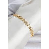 Pirinç Gold Renk Kare Zincir Model Zirkon Taşlı Kadın Bileklik