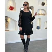 Kadın Uzun Kollu Yuvarlak Yaka Kol Ve Etek Ucu Dantelli Kısa Ithal Krep Elbise