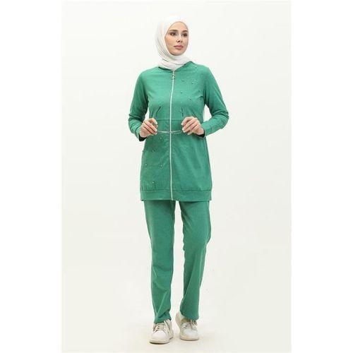 Fermuarlı İnci ve Taş Detaylı İkili Sade Basic Eşofman Spor Takımı - 03038.111 - Benetton Yeşil