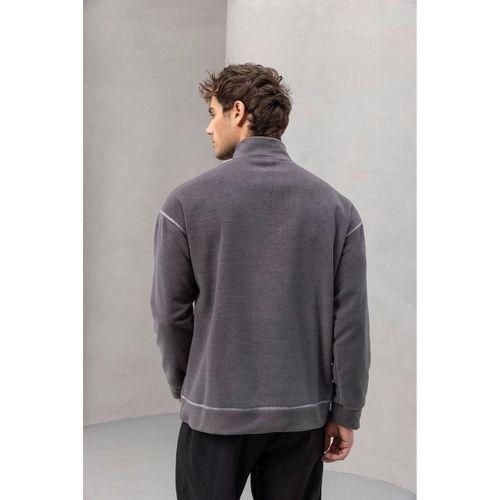 Crowe Çizgi Şeritli Oversize Yarım Fermuar Polar Erkek Sweatshirt - Füme